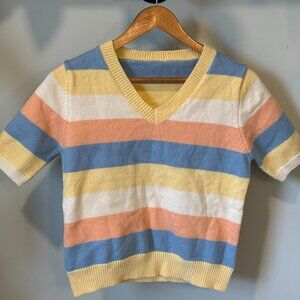 Hand-Knit Colorful Wool V-Neck Short Sleeve Sweater – Estimated Medium